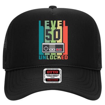 Level 50 Unlocked Funny Retro Gamer Birthday High Crown Mesh Back Trucker Hat