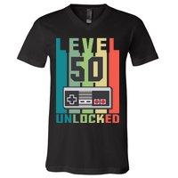 Level 50 Unlocked Funny Retro Gamer Birthday V-Neck T-Shirt