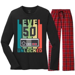 Level 50 Unlocked Funny Retro Gamer Birthday Women's Long Sleeve Flannel Pajama Set 