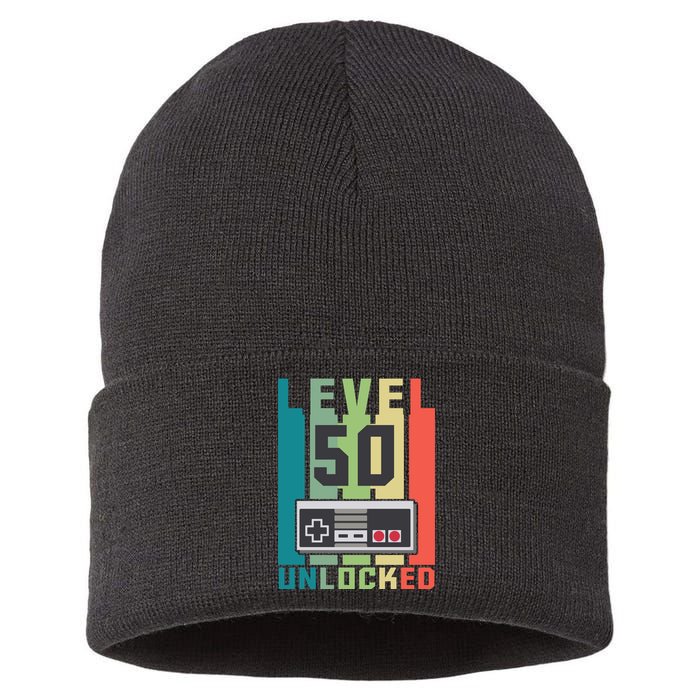 Level 50 Unlocked Funny Retro Gamer Birthday Sustainable Knit Beanie