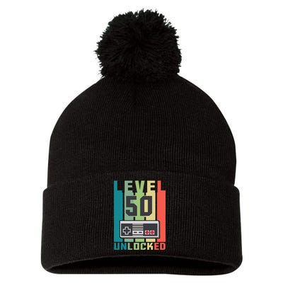 Level 50 Unlocked Funny Retro Gamer Birthday Pom Pom 12in Knit Beanie