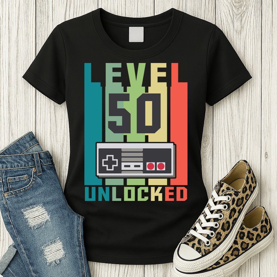 Level 50 Unlocked Funny Retro Gamer Birthday Womens T-Shirt