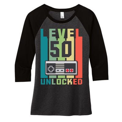 Level 50 Unlocked Funny Retro Gamer Birthday Women's Tri-Blend 3/4-Sleeve Raglan Shirt