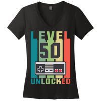 Level 50 Unlocked Funny Retro Gamer Birthday Women's V-Neck T-Shirt