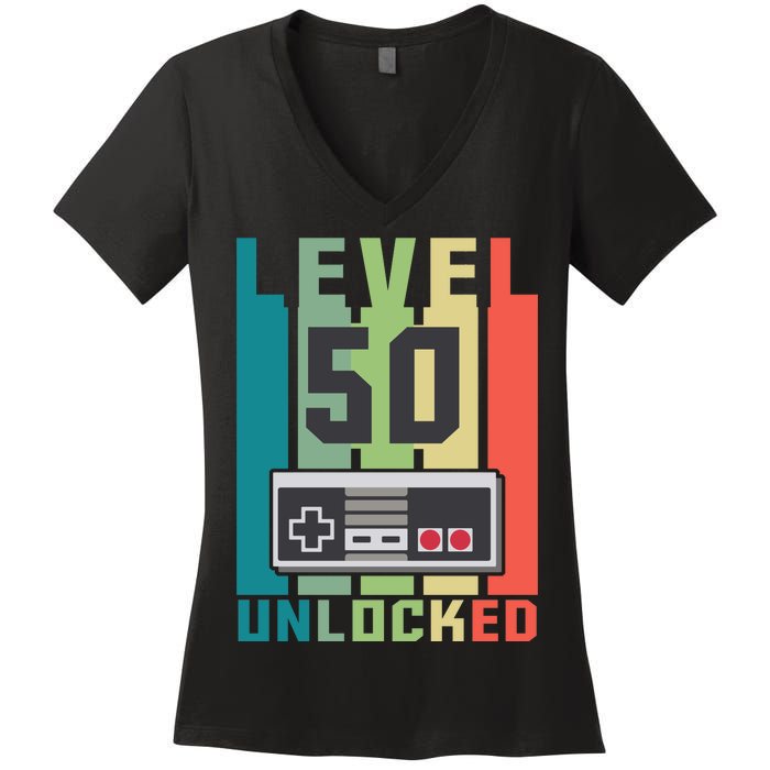 Level 50 Unlocked Funny Retro Gamer Birthday Women's V-Neck T-Shirt