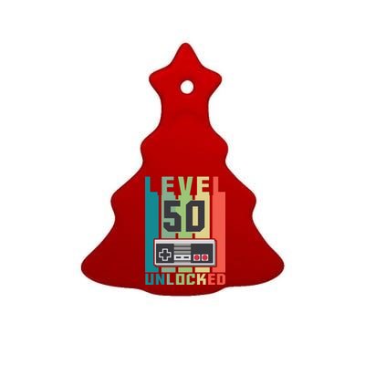 Level 50 Unlocked Funny Retro Gamer Birthday Ceramic Tree Ornament