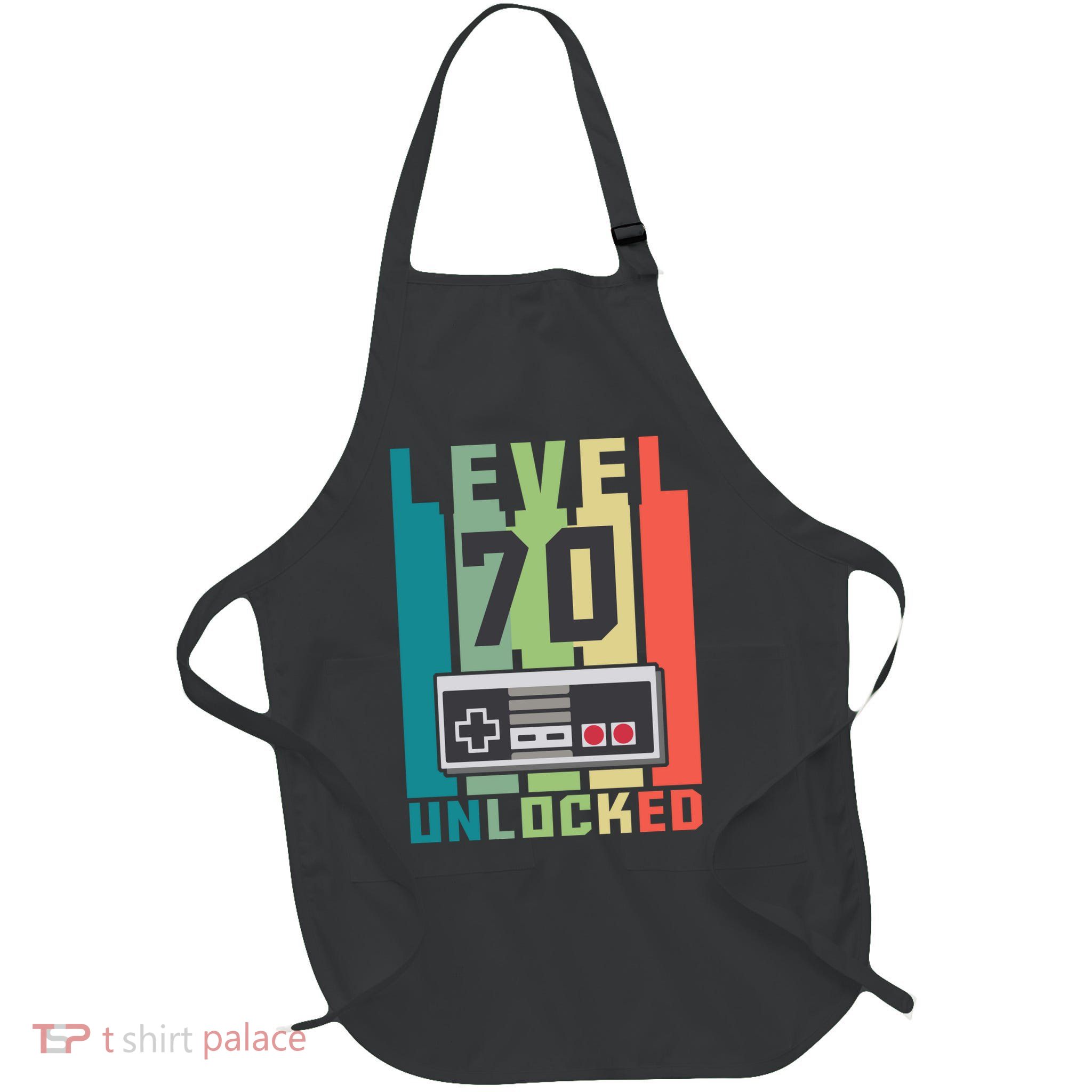 Level 70 Unlocked Funny Retro Gamer Birthday Full-Length Apron With Pockets