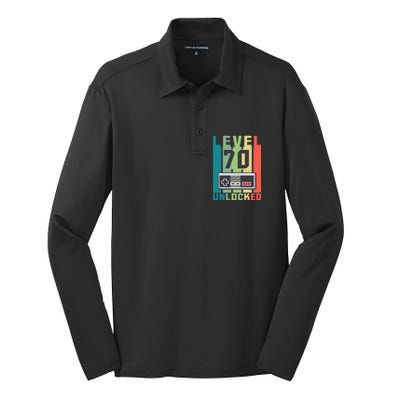 Level 70 Unlocked Funny Retro Gamer Birthday Silk Touch Performance Long Sleeve Polo