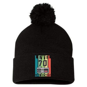 Level 70 Unlocked Funny Retro Gamer Birthday Pom Pom 12in Knit Beanie