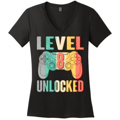 Level 8 Unlocked Eight Years Old Women's V-Neck T-Shirt