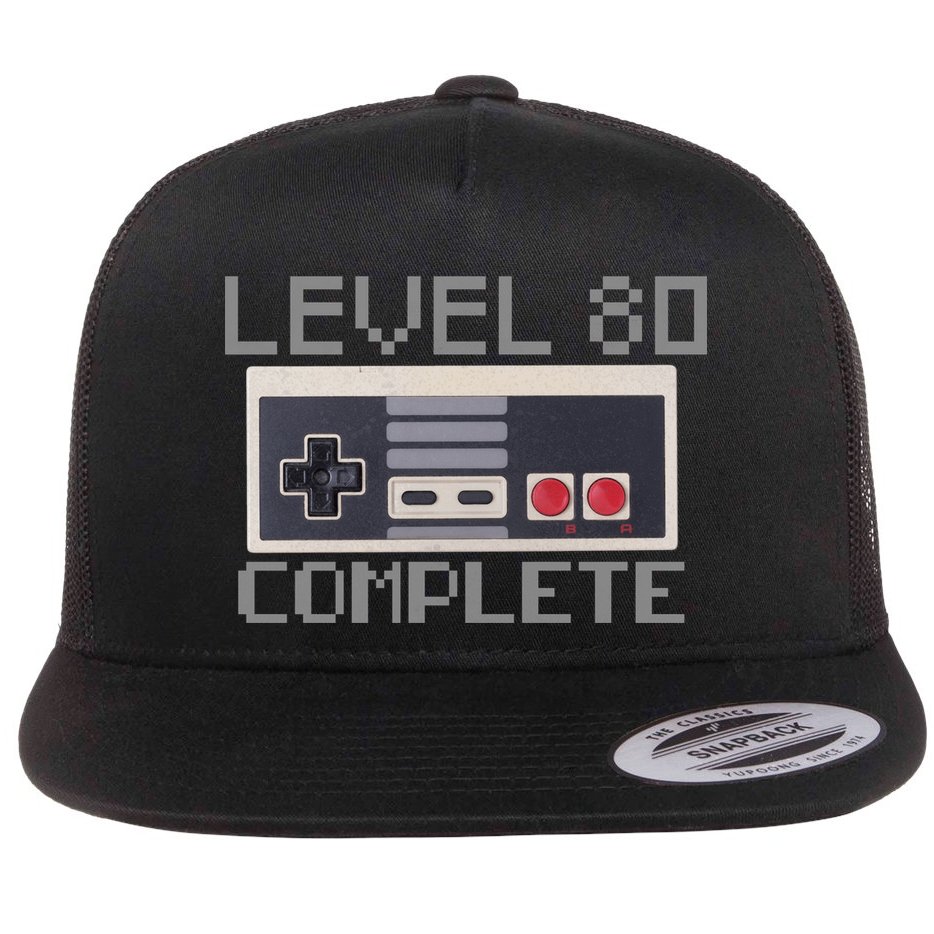 Level 80 Complete Retro Gamer 80th Birthday Flat Bill Trucker Hat
