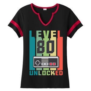 Level 80 Unlocked Funny Retro Gamer Birthday Ladies Halftime Notch Neck Tee