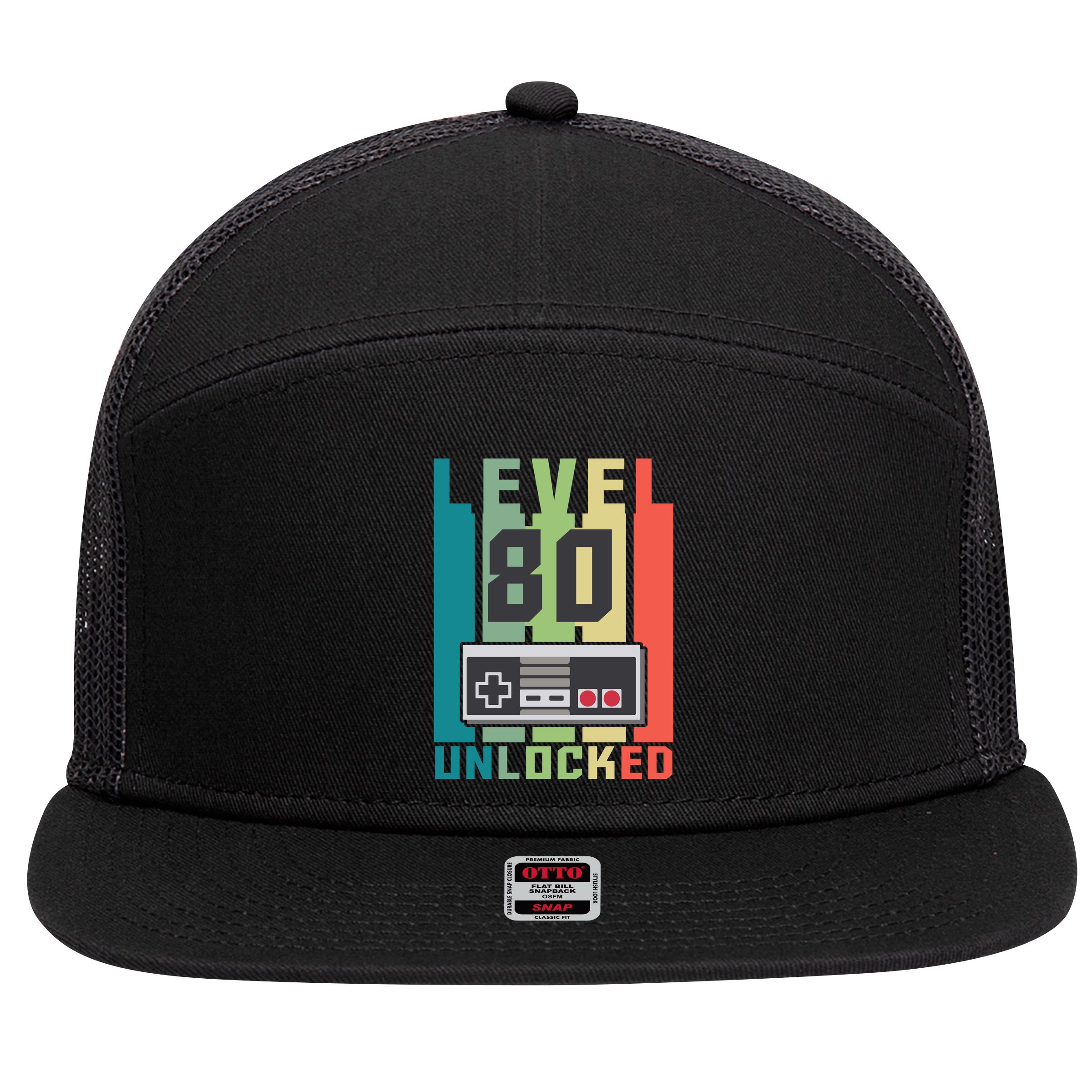Level 80 Unlocked Funny Retro Gamer Birthday 7 Panel Mesh Trucker Snapback Hat
