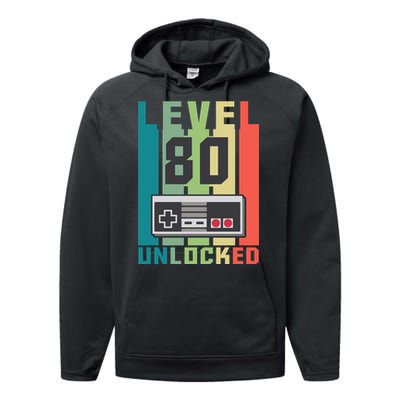 Level 80 Unlocked Funny Retro Gamer Birthday Performance Fleece Hoodie