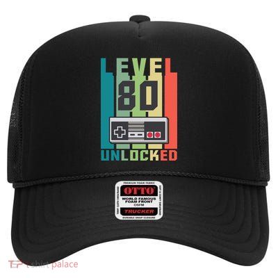 Level 80 Unlocked Funny Retro Gamer Birthday High Crown Mesh Back Trucker Hat