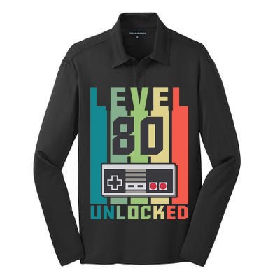 Level 80 Unlocked Funny Retro Gamer Birthday Silk Touch Performance Long Sleeve Polo