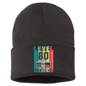 Level 80 Unlocked Funny Retro Gamer Birthday Sustainable Knit Beanie