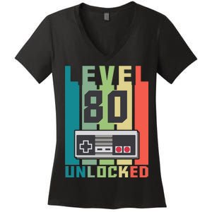 Level 80 Unlocked Funny Retro Gamer Birthday Women's V-Neck T-Shirt