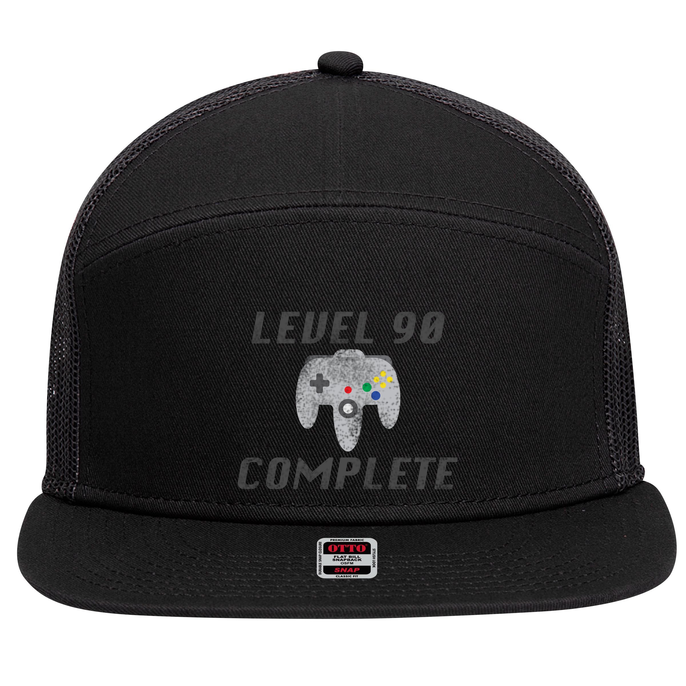 Level 90 Complete 90th Birthday 7 Panel Mesh Trucker Snapback Hat