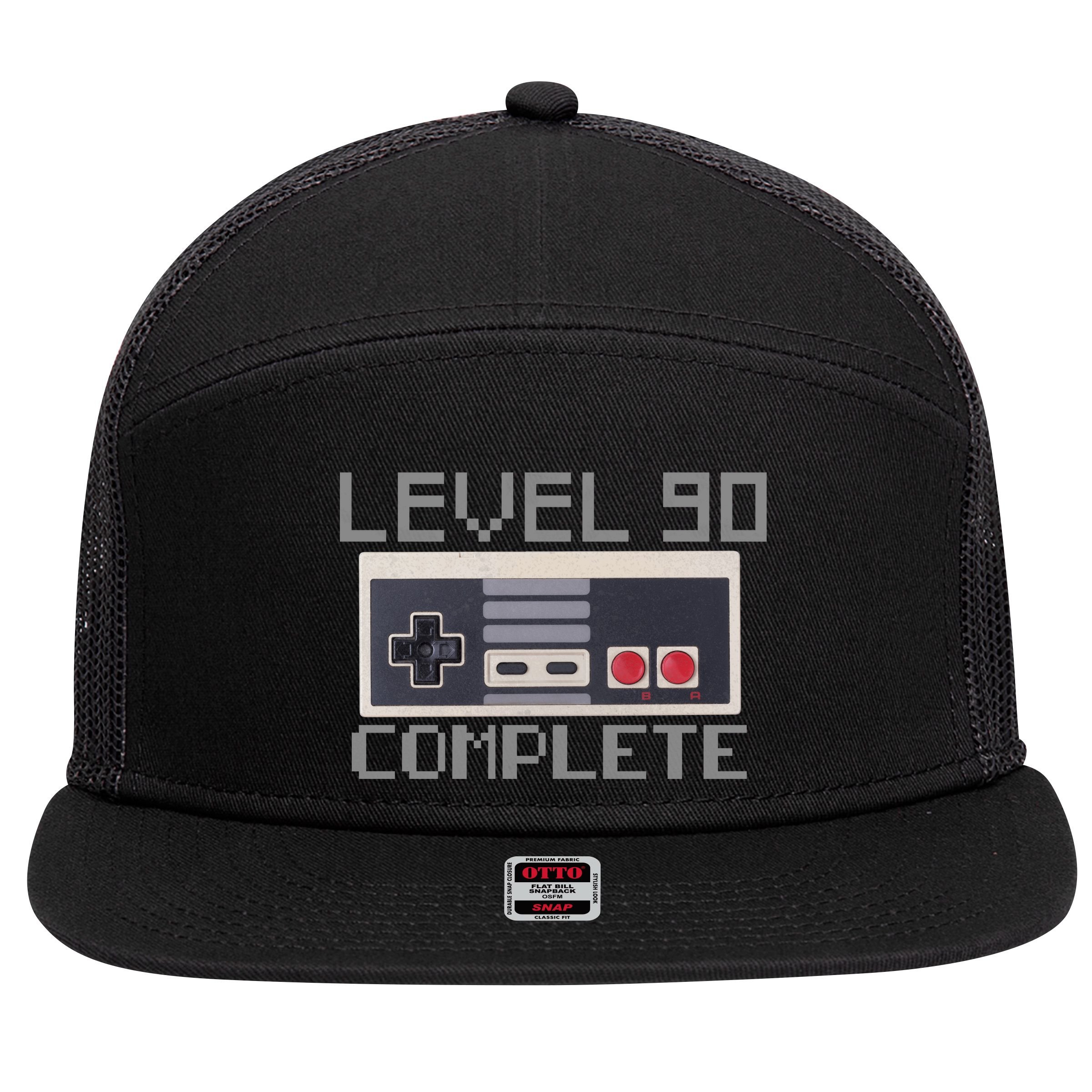 Level 90 Complete Retro Gamer 90th Birthday 7 Panel Mesh Trucker Snapback Hat