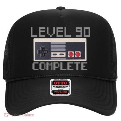 Level 90 Complete Retro Gamer 90th Birthday High Crown Mesh Back Trucker Hat