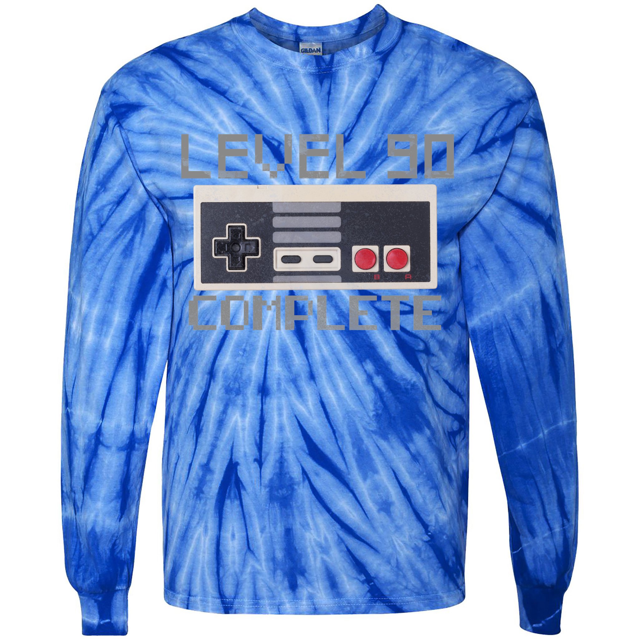 Level 90 Complete Retro Gamer 90th Birthday Tie-Dye Long Sleeve Shirt
