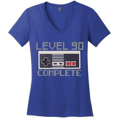 Level 90 Complete Retro Gamer 90th Birthday Women's V-Neck T-Shirt