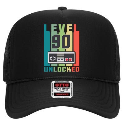 Level 90 Unlocked Funny Retro Gamer Birthday High Crown Mesh Back Trucker Hat