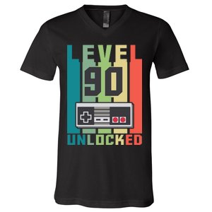 Level 90 Unlocked Funny Retro Gamer Birthday V-Neck T-Shirt