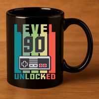 Level 90 Unlocked Funny Retro Gamer Birthday 11oz C Handle Ceramic Mug