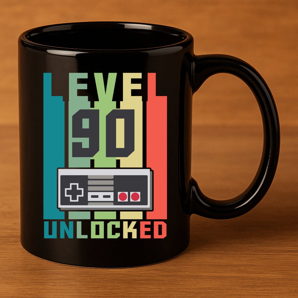 Level 90 Unlocked Funny Retro Gamer Birthday 11oz C Handle Ceramic Mug