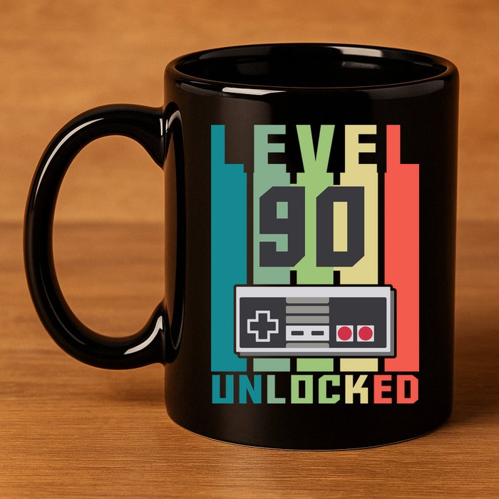 Level 90 Unlocked Funny Retro Gamer Birthday 11oz C Handle Ceramic Mug