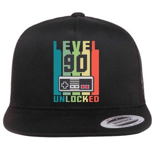 Level 90 Unlocked Funny Retro Gamer Birthday Flat Bill Trucker Hat