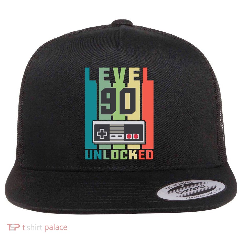 Level 90 Unlocked Funny Retro Gamer Birthday Flatbill Hat