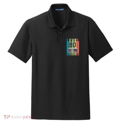 Level 90 Unlocked Funny Retro Gamer Birthday Dry Zone Grid Polo