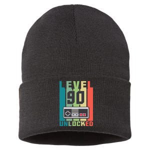 Level 90 Unlocked Funny Retro Gamer Birthday Sustainable Knit Beanie