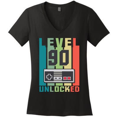 Level 90 Unlocked Funny Retro Gamer Birthday Women's V-Neck T-Shirt