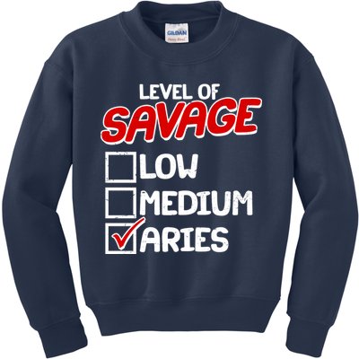 Level of SAVAGE Low Medium Aries Zodiac Birthday Kids Sweatshirt