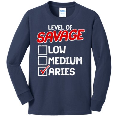 Level of SAVAGE Low Medium Aries Zodiac Birthday Kids Long Sleeve Shirt