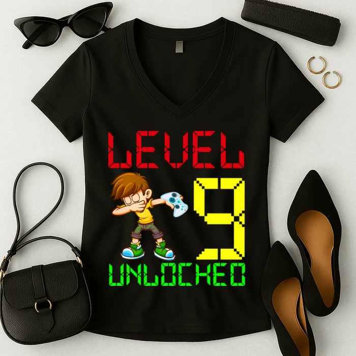 Level Up Age 9 Unlocked Women's V-Neck T-Shirt