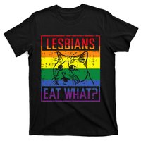 Lesbians Eat What Cat Funny Humor Pun LGBTQ Pride Flag Women T-Shirt