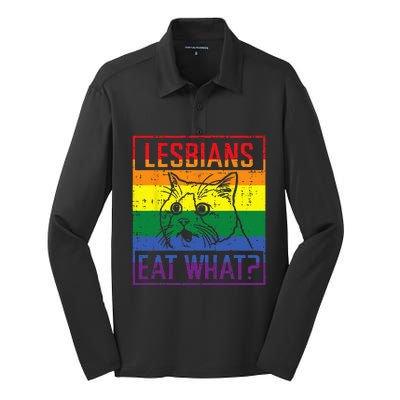 Lesbians Eat What Cat Funny Humor Pun LGBTQ Pride Flag Women Silk Touch Performance Long Sleeve Polo