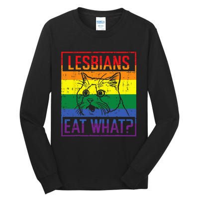 Lesbians Eat What Cat Funny Humor Pun LGBTQ Pride Flag Women Tall Long Sleeve T-Shirt