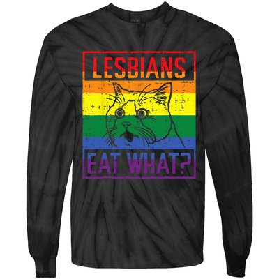 Lesbians Eat What Cat Funny Humor Pun LGBTQ Pride Flag Women Tie-Dye Long Sleeve Shirt