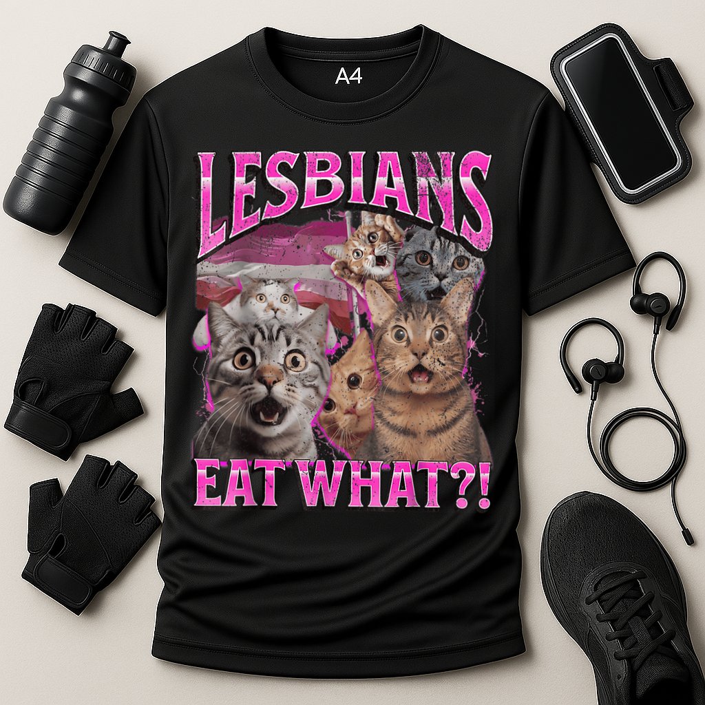 Lesbians Eat What?! Funny Cat Pride Lgbtq Pun Cooling Performance Crew T-Shirt
