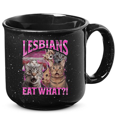 Lesbians Eat What?! Funny Cat Pride Lgbtq Pun 15oz Campfire Ceramic Mug