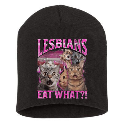 Lesbians Eat What?! Funny Cat Pride Lgbtq Pun Short Acrylic Beanie