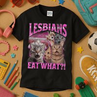 Lesbians Eat What?! Funny Cat Pride Lgbtq Pun Kids T-Shirt