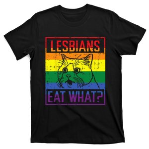 Lesbians Eat What Cat Funny Humor Pun LGBTQ Pride Flag Women T-Shirt