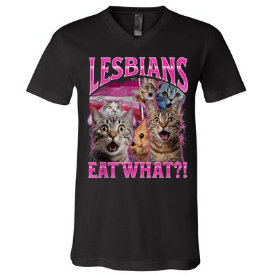 Lesbians Eat What Funny Offensive Cat Bootleg Sarcastic V-Neck T-Shirt